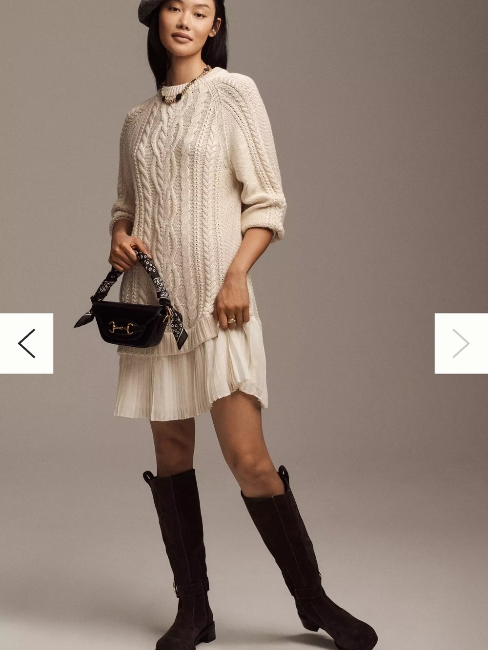 Anthropologie Cream Cable-Knit Sweater Dress with Pleated Cream Skirt